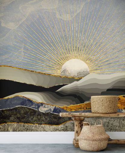 abstrakte Berge und Mond in Metallic-Farben Tapete