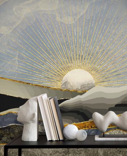 montanhas abstratas e lua em cores metálicas papel de parede