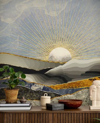 abstrakte bjerge og måne i metalliske farver tapet