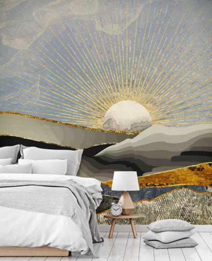 carta da parati astratta montagne e luna in colori metallizzati