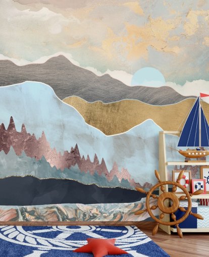 light blue and gold customisable mountain wallpaper mural called Winter Light by SpaceFrog Designs