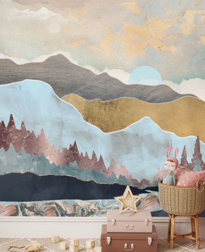 light blue and gold customisable mountain wallpaper mural called Winter Light by SpaceFrog Designs