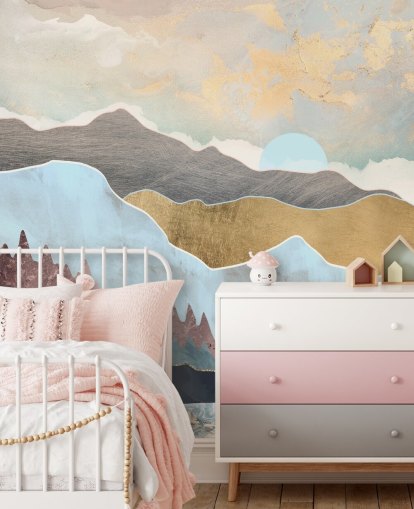 light blue and gold customisable mountain wallpaper mural called Winter Light by SpaceFrog Designs