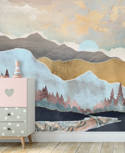 light blue and gold customisable mountain wallpaper mural called Winter Light by SpaceFrog Designs
