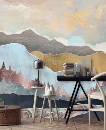 light blue and gold customisable mountain wallpaper mural called Winter Light by SpaceFrog Designs