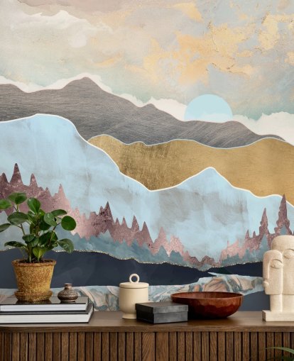 light blue and gold customisable mountain wallpaper mural called Winter Light by SpaceFrog Designs