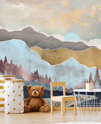 light blue and gold customisable mountain wallpaper mural called Winter Light by SpaceFrog Designs