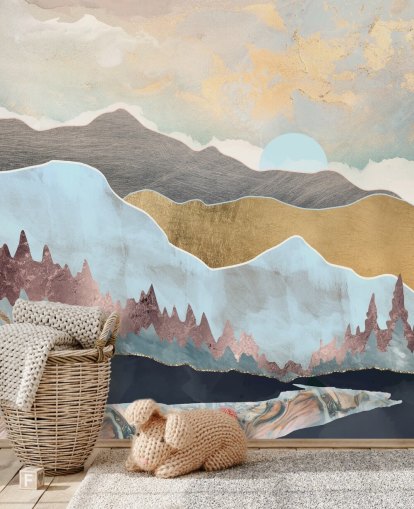 light blue and gold customisable mountain wallpaper mural called Winter Light by SpaceFrog Designs