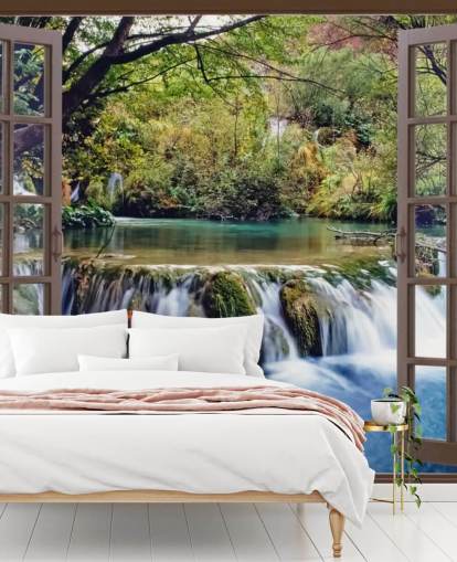 Kleiner Wasserfall vom Fenster aus gesehen Fototapete