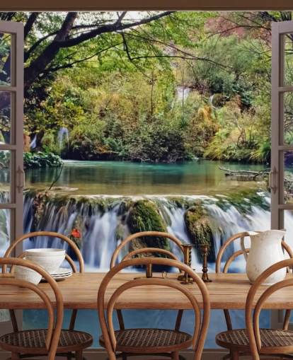 Kleiner Wasserfall vom Fenster aus gesehen Fototapete