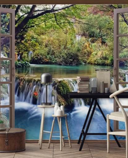 Decorazione murale con piccola cascata vista dalla finestra Decorazione murale con piccola cascata vista dalla finestra
