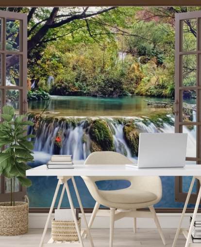 Vista da cachoeira pequena do mural da parede da janela