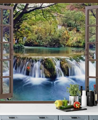 Small Waterfall View from Window Wall Mural