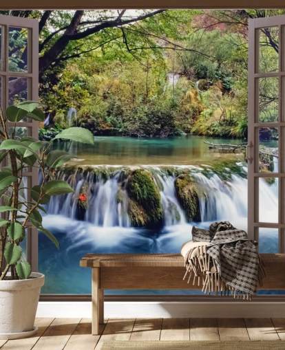 Kleiner Wasserfall vom Fenster aus gesehen Fototapete