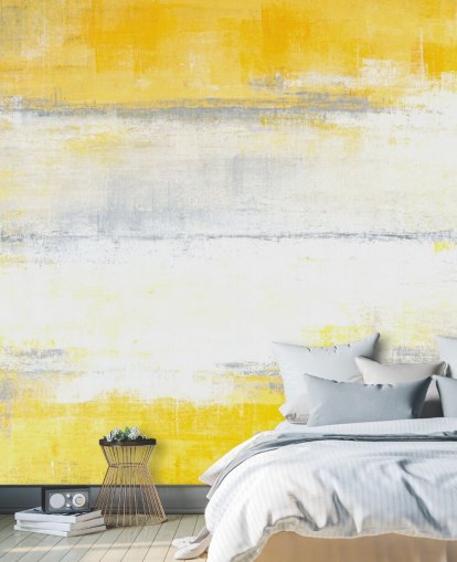 witte, gele en grijze abstracte muurschildering, behangmuurschildering genaamd Grey and Yellow Painting voor slaapkamers en woonkamers witte, gele en grijze abstracte muurschildering, behangmuurschildering genaamd Grey and Yellow Painting voor slaapkamers en woonkamers