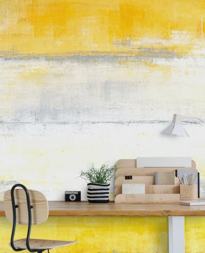 Tapeten-Wandbild mit abstrakter Malerei in Weiß, Gelb und Grau mit dem Titel Grey and Yellow Painting für Schlafzimmer und Wohnzimmer