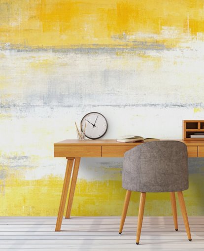 Tapeten-Wandbild mit abstrakter Malerei in Weiß, Gelb und Grau mit dem Titel Grey and Yellow Painting für Schlafzimmer und Wohnzimmer