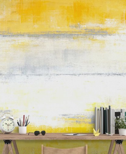 mural de papel de parede de pintura abstrata branca, amarela e cinza chamada pintura cinza e amarela para quartos e salas de estar