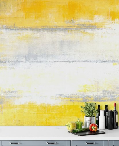 mural de papel de parede de pintura abstrata branca, amarela e cinza chamada pintura cinza e amarela para quartos e salas de estar