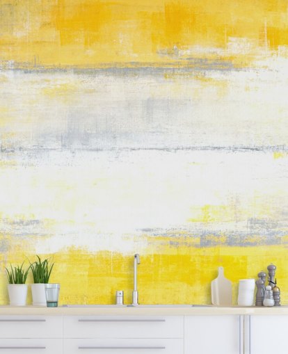 mural de papel de parede de pintura abstrata branca, amarela e cinza chamada pintura cinza e amarela para quartos e salas de estar
