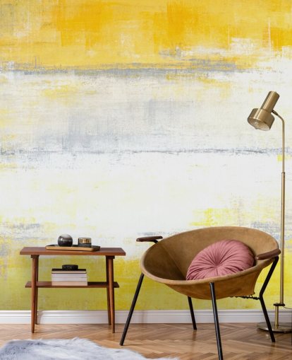 witte, gele en grijze abstracte muurschildering, behangmuurschildering genaamd Grey and Yellow Painting voor slaapkamers en woonkamers