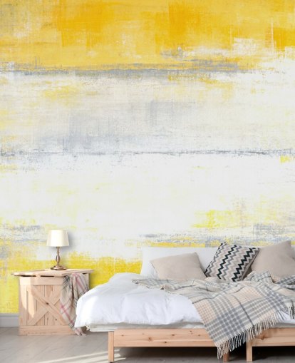 witte, gele en grijze abstracte muurschildering, behangmuurschildering genaamd Grey and Yellow Painting voor slaapkamers en woonkamers