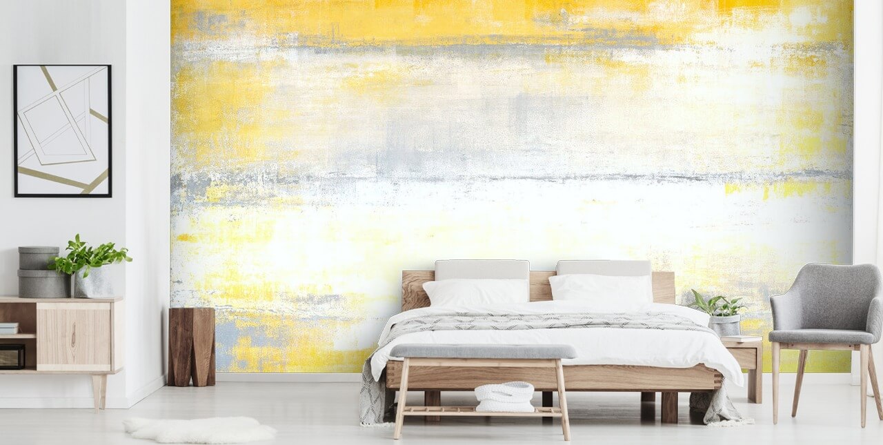 white, yellow and gray abstract painting wallpaper mural called Gray and Yellow Painting for bedrooms and living rooms