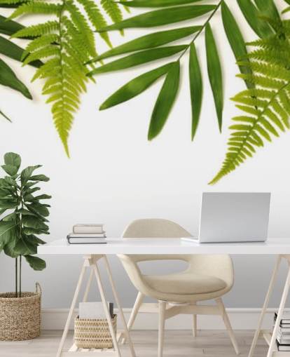 tropiske grønne blade på hvid baggrund vægmaleri