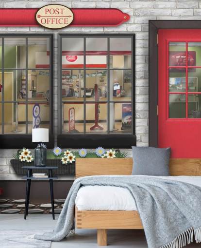 grey and red customisable post office wallpaper mural called Post Office for care homes