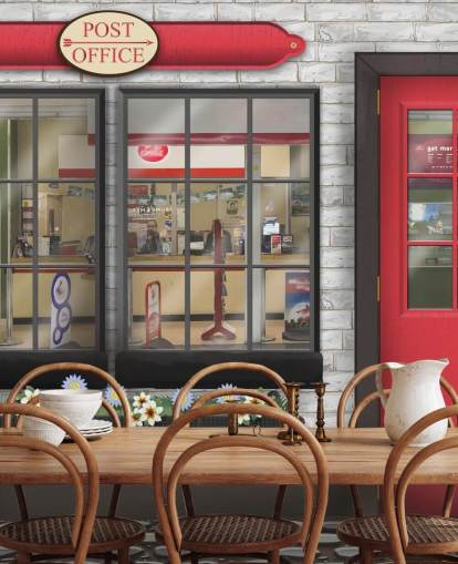 grey and red customisable post office wallpaper mural called Post Office for care homes