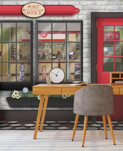 mural de papel de parede de correio personalizável cinza e vermelho chamado Post Office para casas de repouso