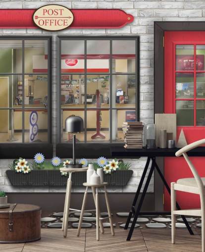 papier peint mural de bureau de poste personnalisable gris et rouge appelé Post Office pour les maisons de retraite papier peint mural de bureau de poste personnalisable gris et rouge appelé Post Office pour les maisons de retraite