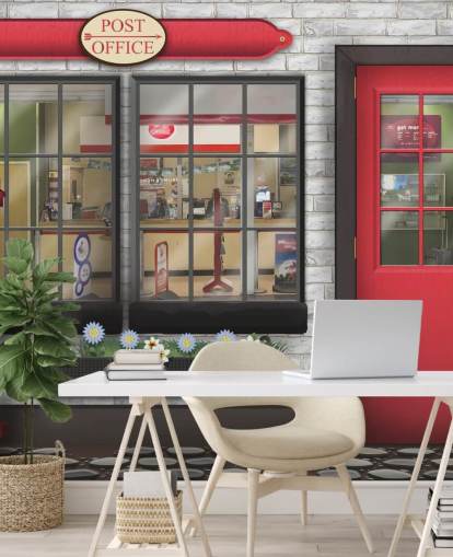 grey and red customisable post office wallpaper mural called Post Office for care homes