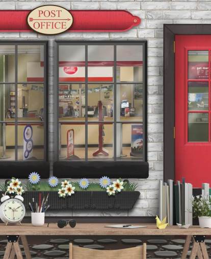 carta da parati murale personalizzabile grigia e rossa chiamata Post Office for care homes