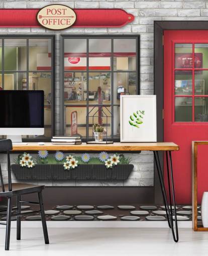 mural de papel de parede de correio personalizável cinza e vermelho chamado Post Office para casas de repouso