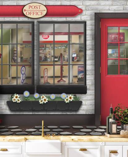 mural de papel de parede de correio personalizável cinza e vermelho chamado Post Office para casas de repouso