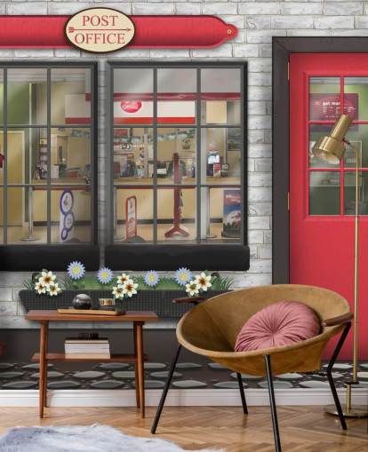 mural de papel pintado de oficina de correos personalizable gris y rojo llamado Oficina de correos para residencias de ancianos