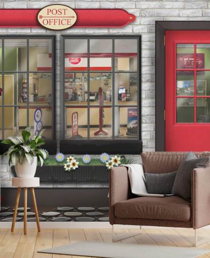 grey and red customisable post office wallpaper mural called Post Office for care homes