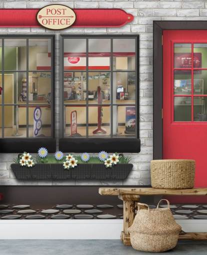 mural de papel de parede de correio personalizável cinza e vermelho chamado Post Office para casas de repouso