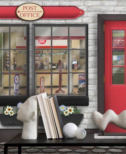 mural de papel de parede de correio personalizável cinza e vermelho chamado Post Office para casas de repouso mural de papel de parede de correio personalizável cinza e vermelho chamado Post Office para casas de repouso
