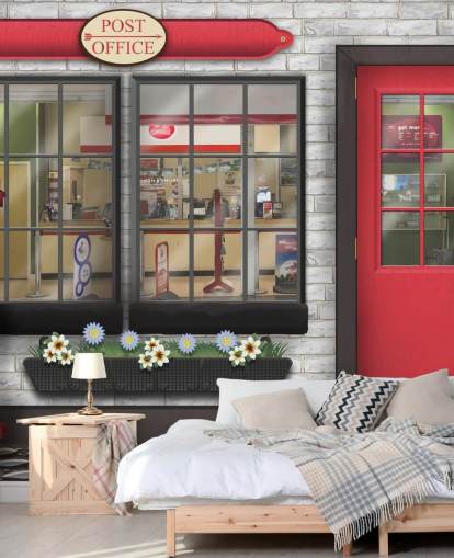 mural de papel de parede de correio personalizável cinza e vermelho chamado Post Office para casas de repouso