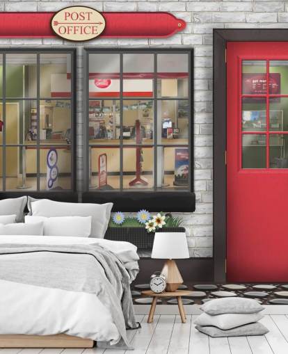 grey and red customisable post office wallpaper mural called Post Office for care homes