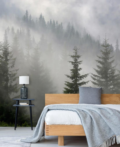 mørkegrønt tilpasset skogstapetveggmaleri kalt Pine Forest in Mist for kjøkken og spiserom mørkegrønt tilpasset skogstapetveggmaleri kalt Pine Forest in Mist for kjøkken og spiserom