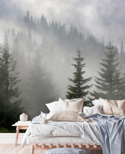 carta da parati murale personalizzata verde scuro chiamata Pine Forest in Mist per cucine e sale da pranzo