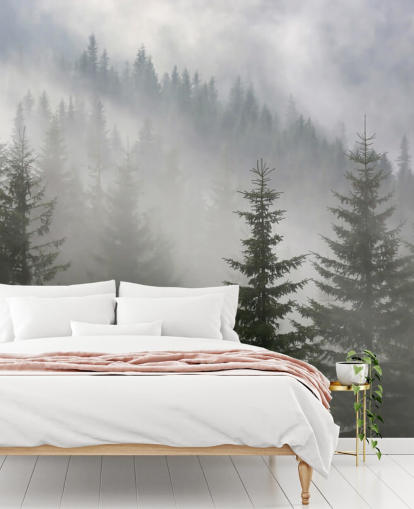 mural de papel pintado de bosque personalizado verde oscuro llamado Pine Forest in Mist para cocinas y comedores