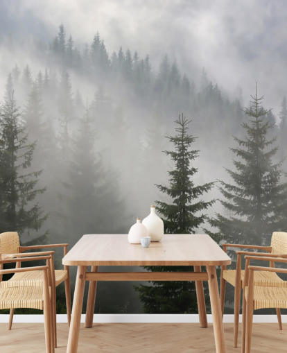 mural de papel de parede florestal personalizado verde escuro chamado Pine Forest in Mist para cozinhas e salas de jantar