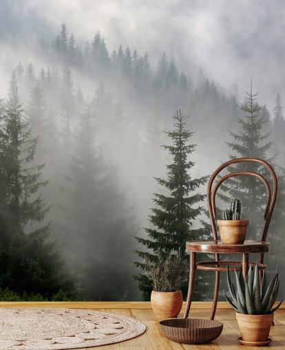 dark green custom forest wallpaper mural called Pine Forest in Mist for kitchens and dining rooms dark green custom forest wallpaper mural called Pine Forest in Mist for kitchens and dining rooms