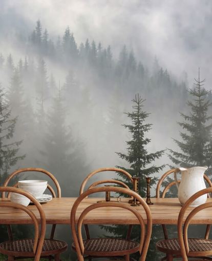 donkergroene bosbehangmuurschildering op maat genaamd Pine Forest in Mist voor keukens en eetkamers donkergroene bosbehangmuurschildering op maat genaamd Pine Forest in Mist voor keukens en eetkamers