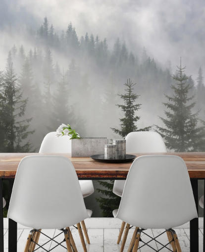dark green custom forest wallpaper mural called Pine Forest in Mist for kitchens and dining rooms