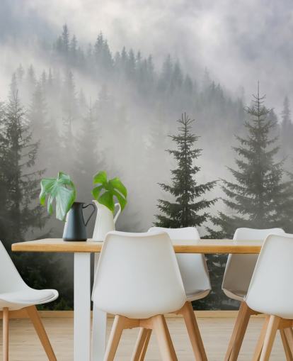 mørkegrøn brugerdefineret skov tapetmaleri kaldet Pine Forest in Mist til køkkener og spisestuer